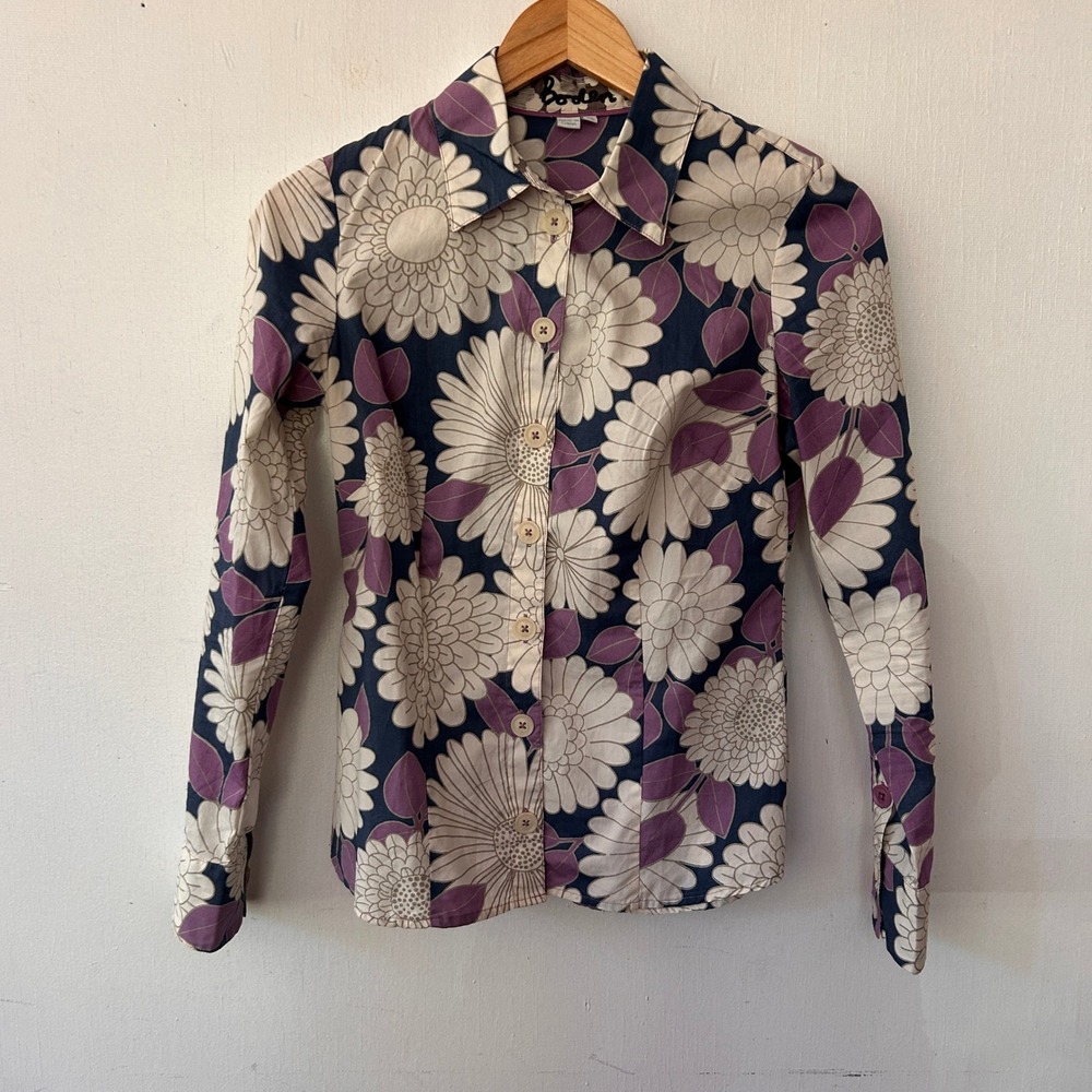 Boden Button Down Shirt Size 4 Purple Navy Floral Garden Party Retro Preppy